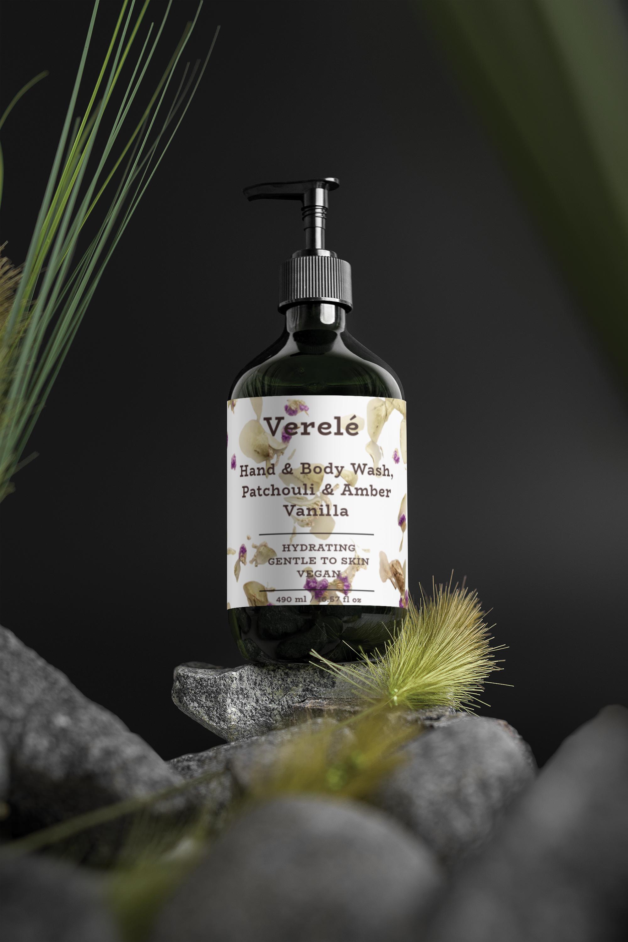 Hand & Body Wash with Organic Patchouli & Amber Vanilla – Hydrating & Vegan – COSMOS NATURAL Certified, Made in Europe by Verelé, 490 ml / 16.57 fl oz - Verele
