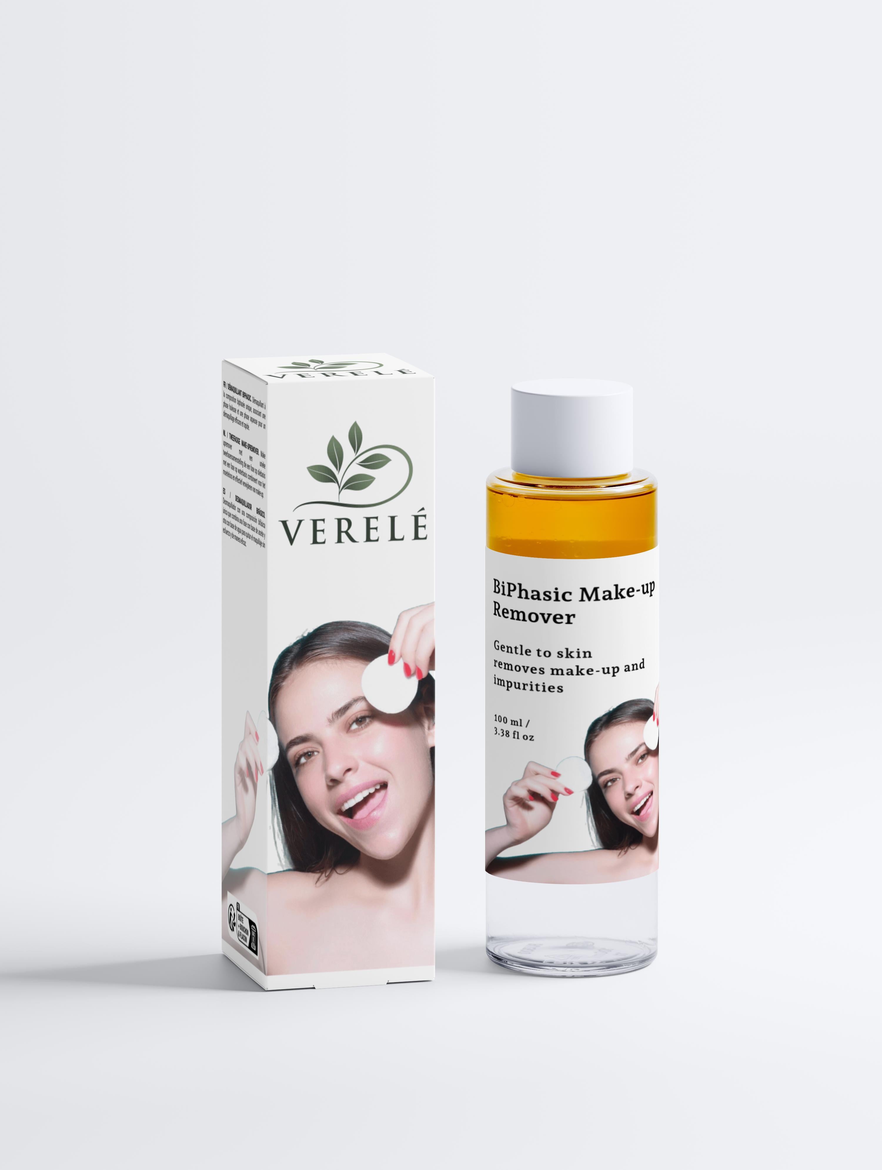 BiPhasic Make-up Remover with Organic Aloe & Hyaluronic Acid – Gentle & Effective – COSMOS NATURAL Certified, Made from Natural Ingredients in Europe by Verelé,  100 ml / 3.38 fl oz - Verele