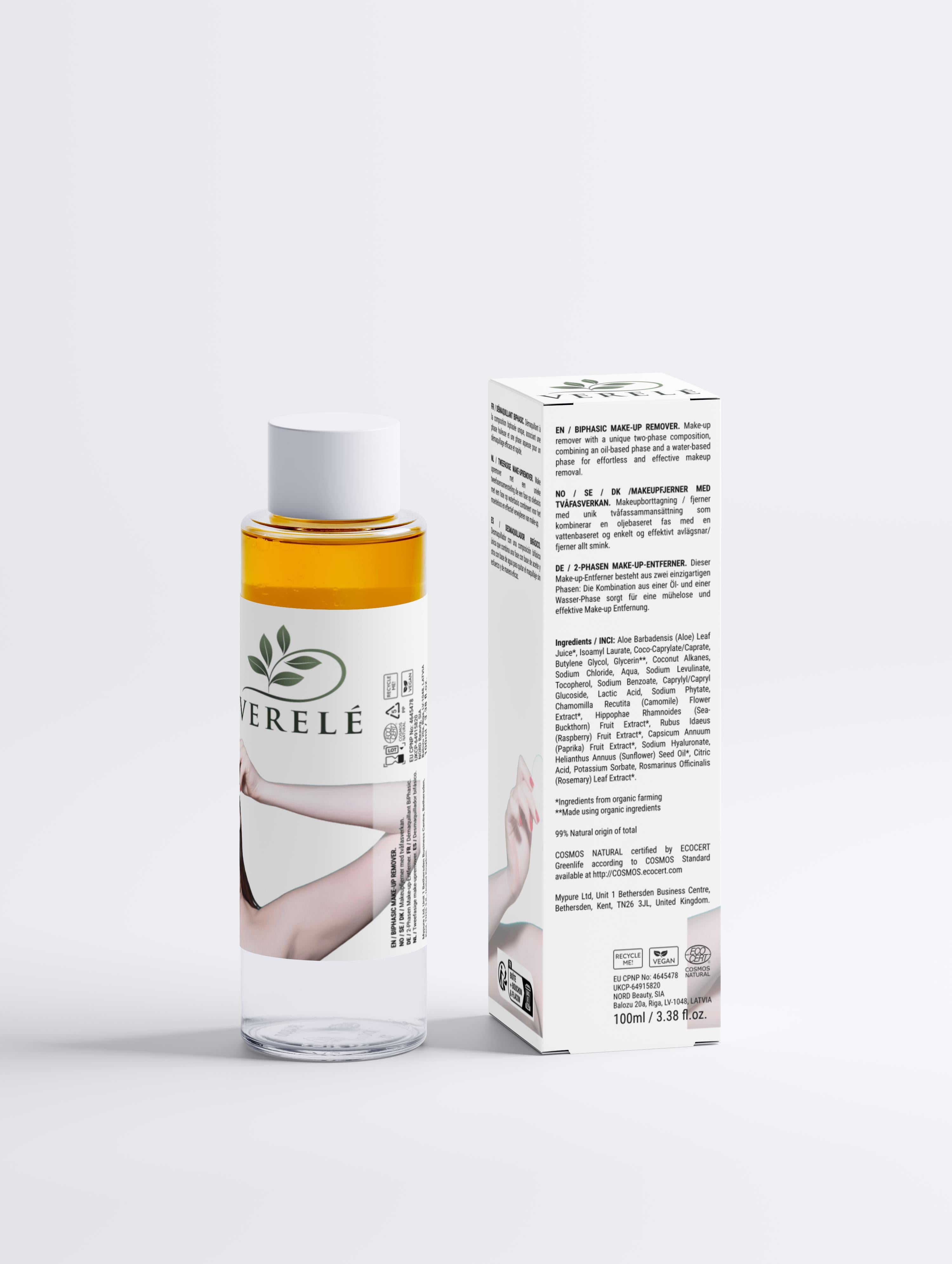 BiPhasic Make-up Remover with Organic Aloe & Hyaluronic Acid – Gentle & Effective – COSMOS NATURAL Certified, Made from Natural Ingredients in Europe by Verelé,  100 ml / 3.38 fl oz - Verele