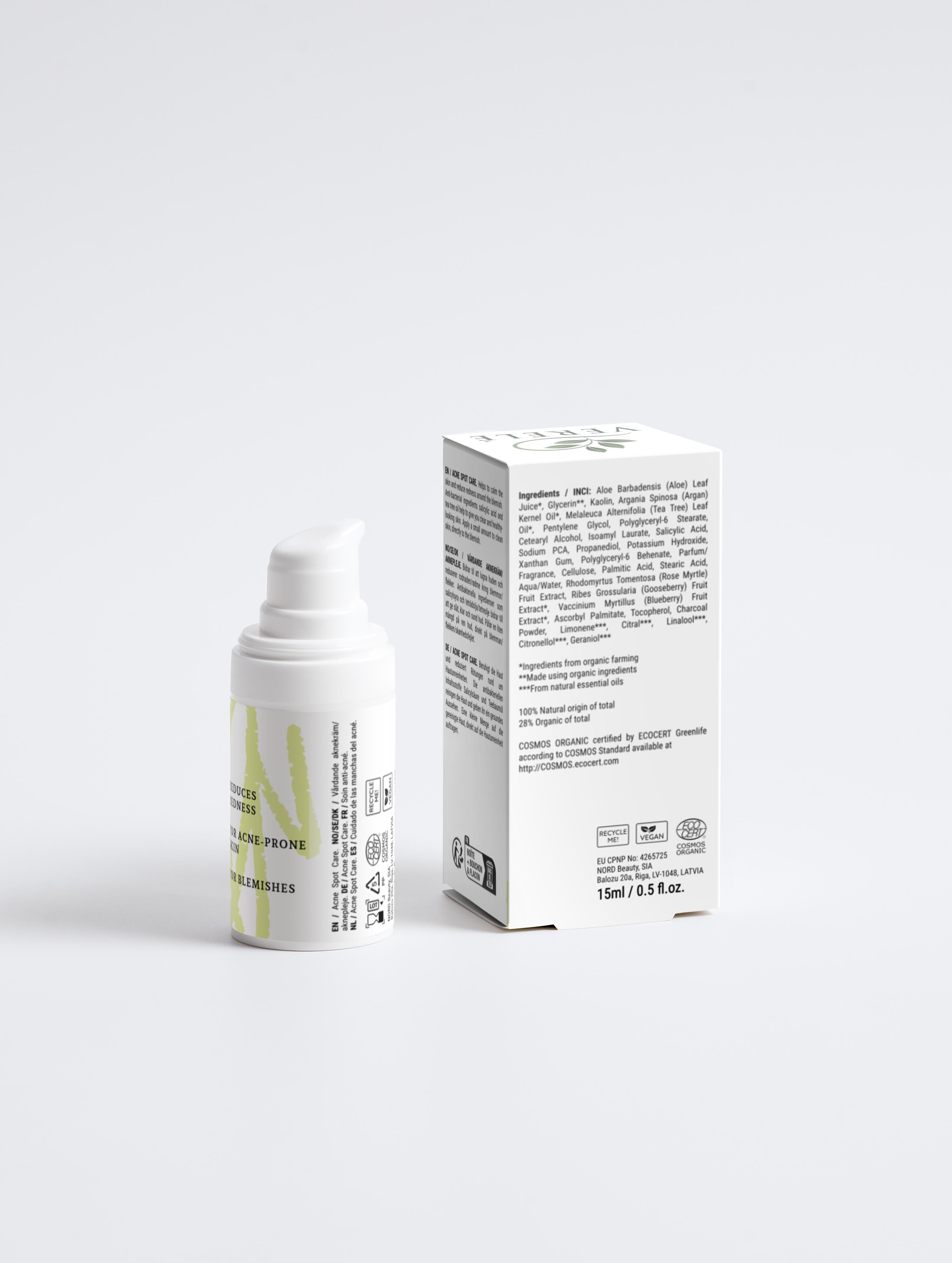 Acne Spot Care with 2% Salicylic Acid & 3% Tea Tree Oil – Clears Blemishes & Reduces Redness – Made from Natural Ingredients in Europe by Verelé,  15 ml / 0.51 fl oz - Verele