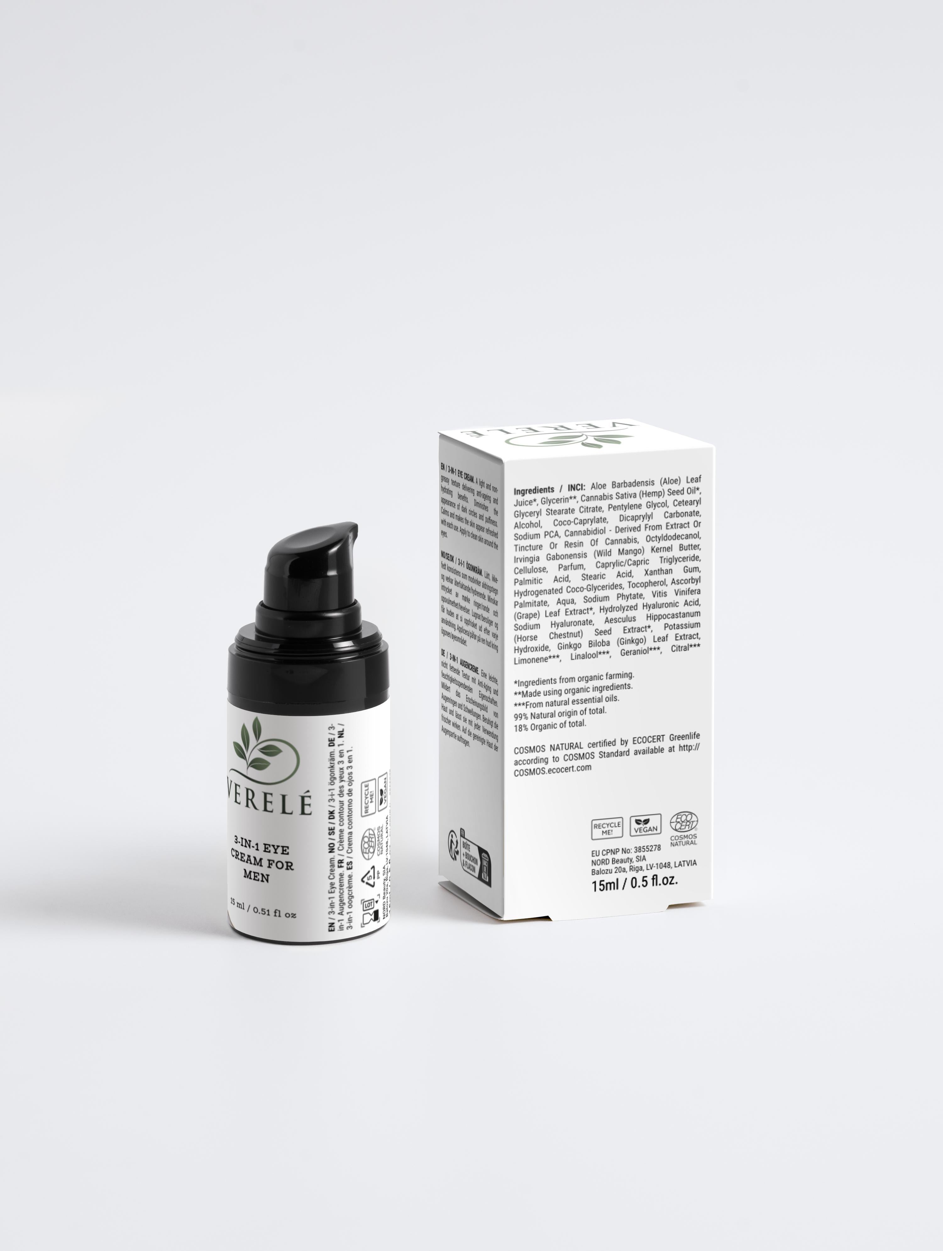 3-in-1 Anti-Aging Eye Cream for Men with Cannabidiol & Hyaluronic Acid – Hydrating & Refreshing – COSMOS NATURAL Certified, Made in Europe by Verelé,  15 ml / 0.51 fl oz - Verele