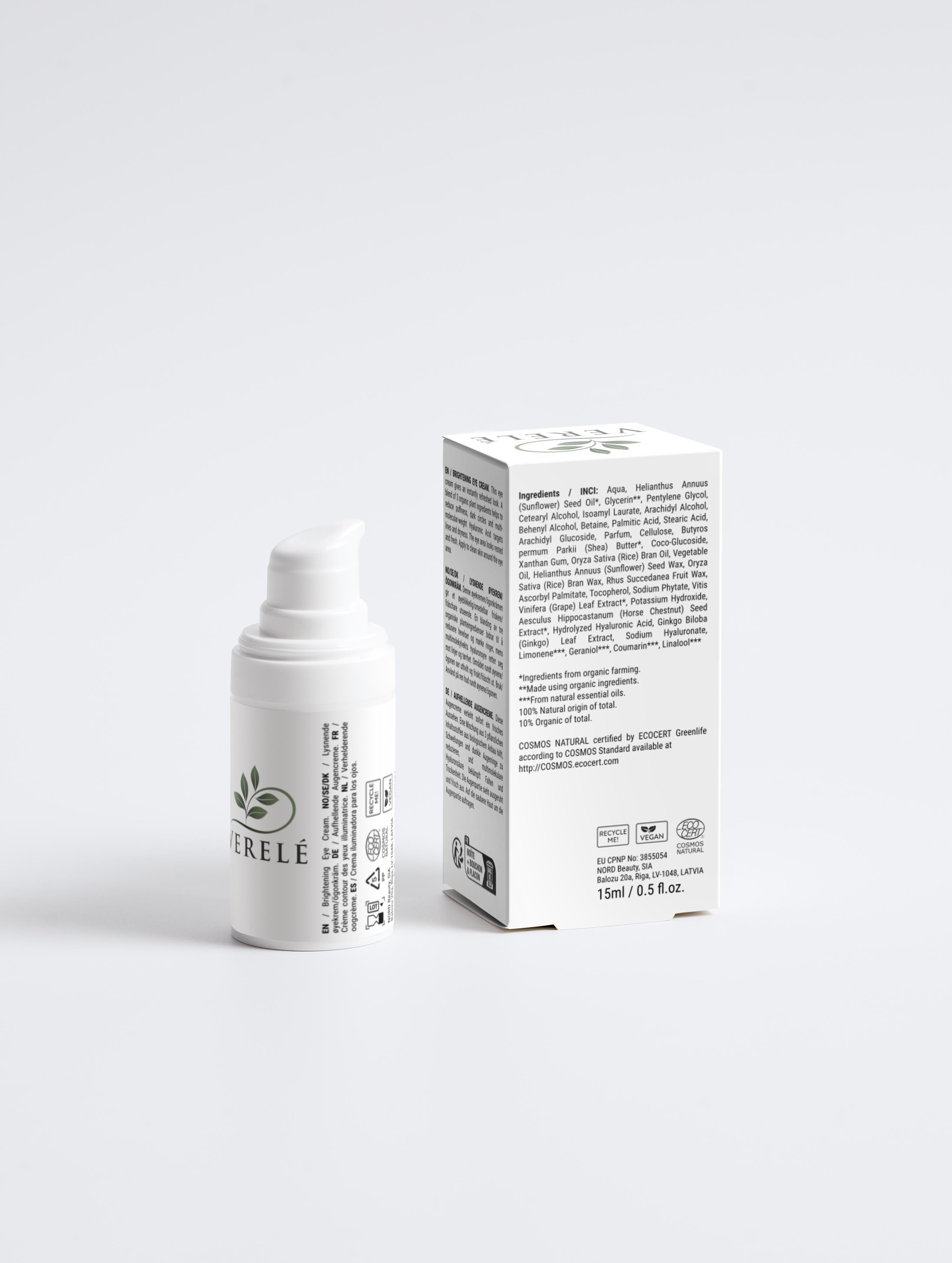 Brightening Eye Cream for Puffiness, Dark Circles & Hydration – Multi-Weight Hyaluronic Acid – COSMOS NATURAL Certified, Made in Europe by Verelé, 15 ml / 0.51 fl oz - Verele