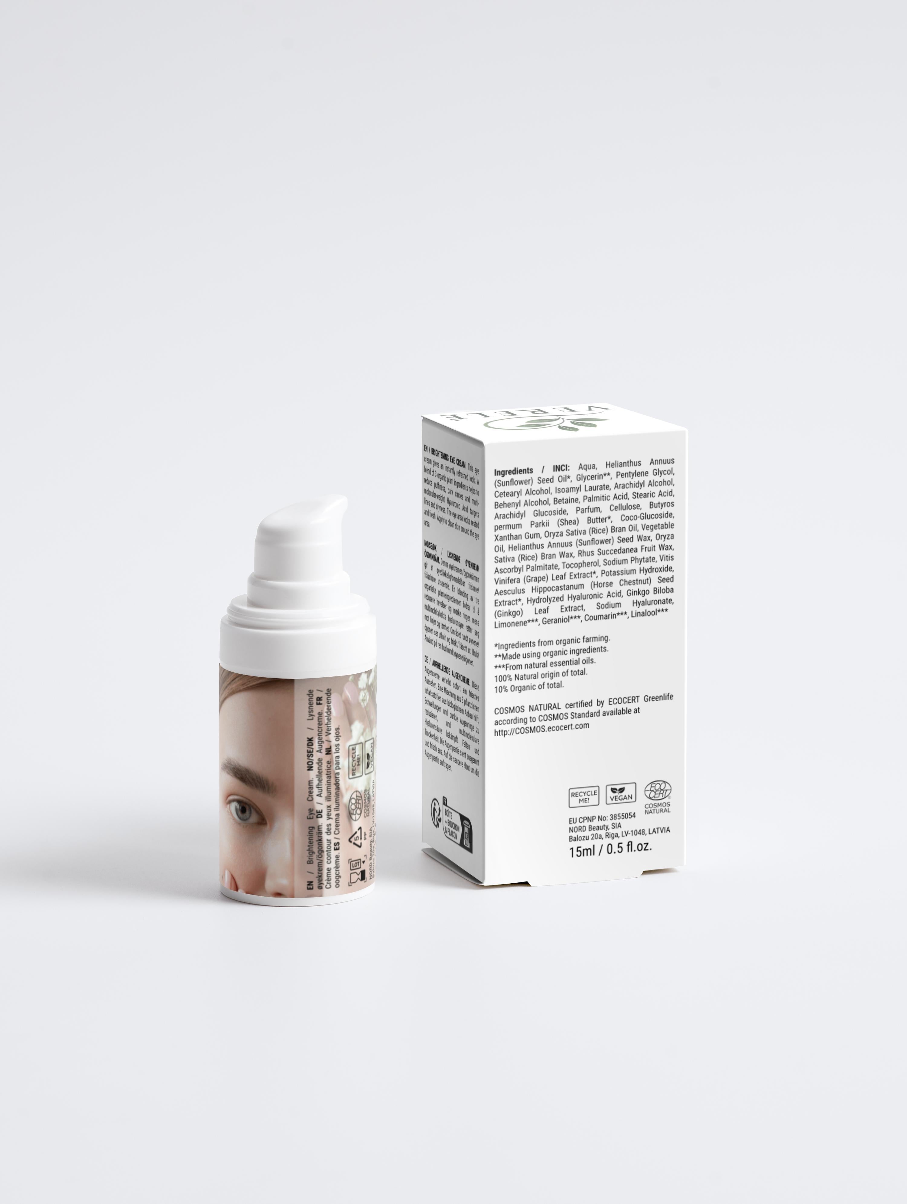 Brightening Eye Cream with Organic Plant Extracts & Hyaluronic Acid – Reduces Puffiness & Dark Circles – COSMOS NATURAL Certified, Made from Natural Ingredients in Europe by Verelé, 15 ml / 0.51 fl oz - Verele