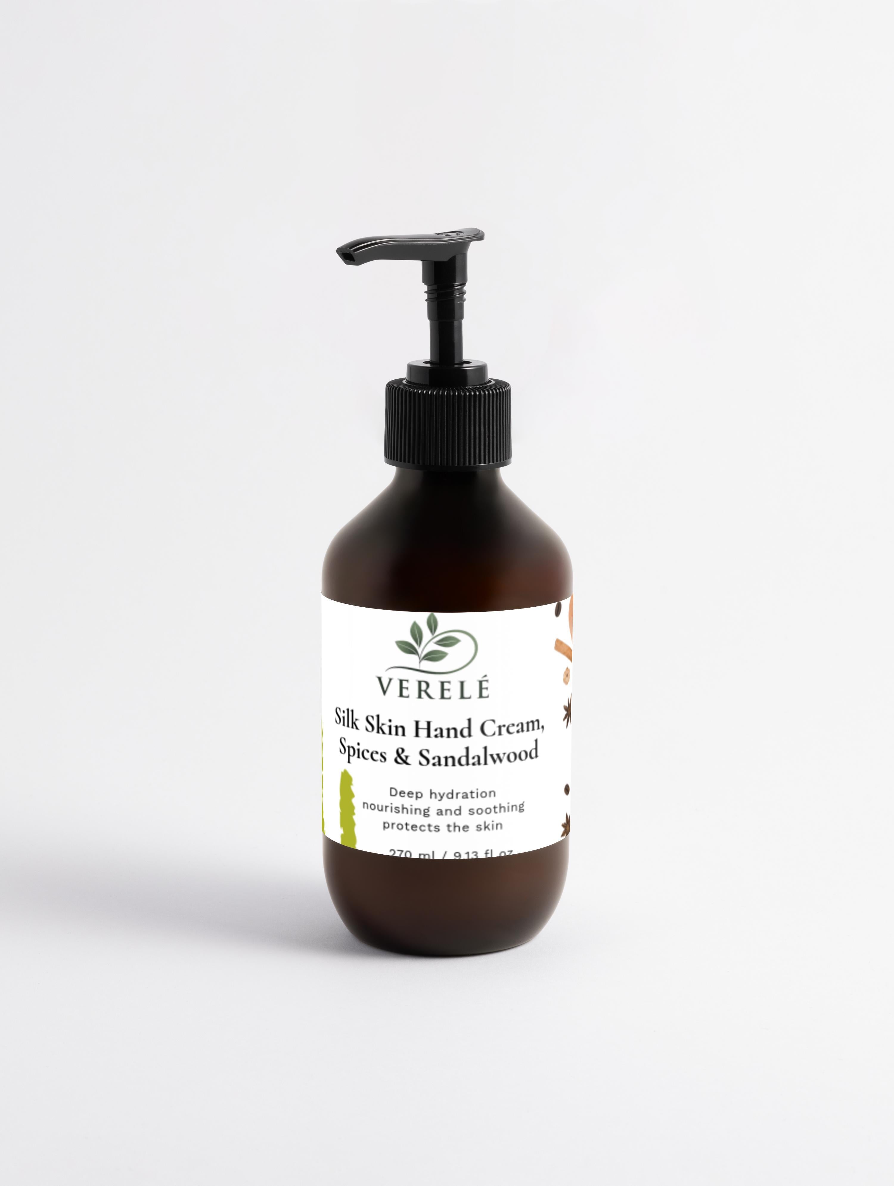 Silk Skin Hand Cream with Organic Cocoa Butter & Sunflower Oil – Deep Hydration with Spices & Sandalwood – COSMOS NATURAL Certified, Made in Europe by Verelé, 270 ml / 9.13 fl oz - Verele