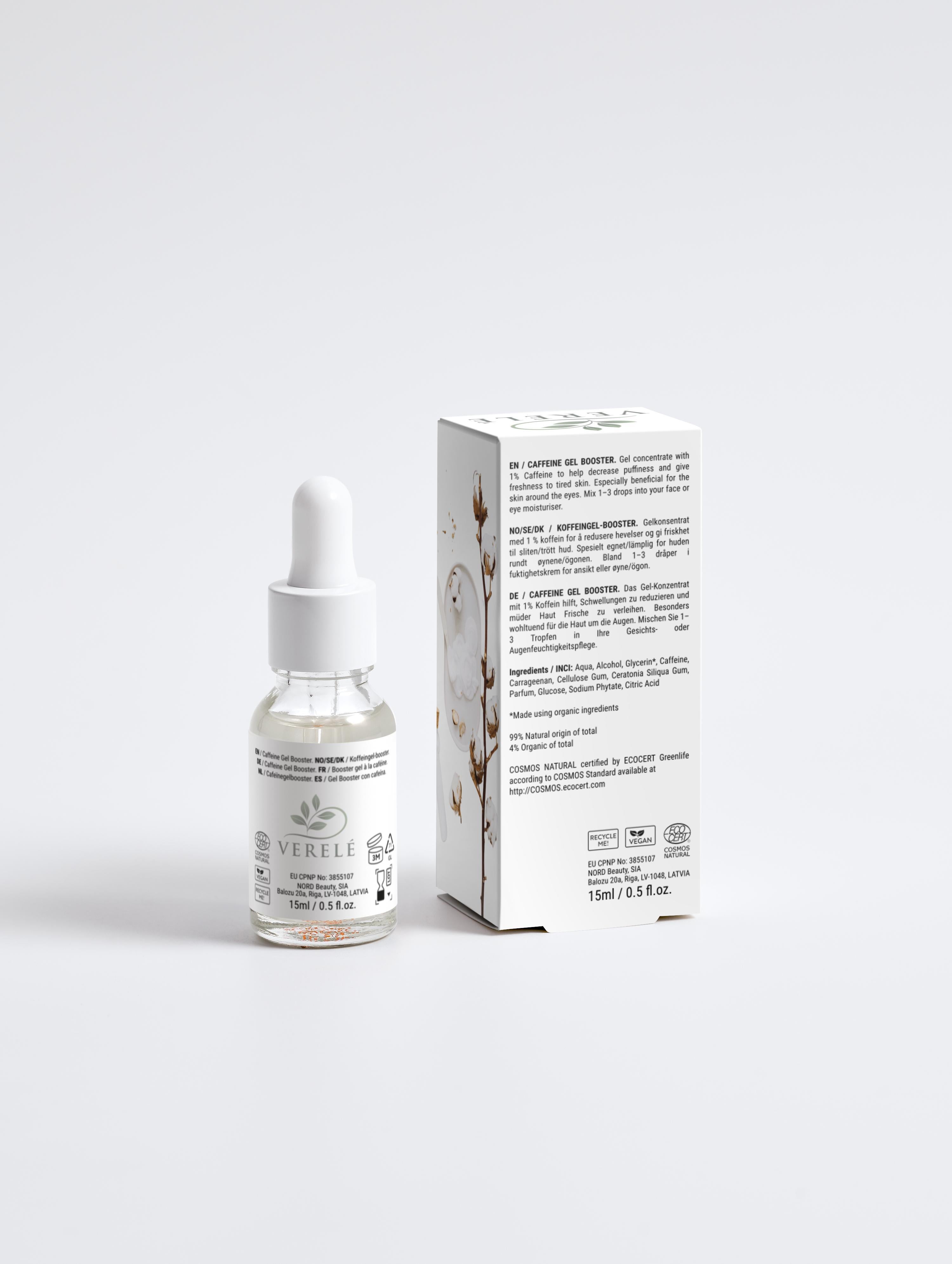 Caffeine Gel Concentrate 1% for Puffiness & Tired Skin – Hydrating & Natural Eye Care – COSMOS NATURAL Certified, Made in Europe by Verelé,  15 ml / 0.51 fl oz - Verele