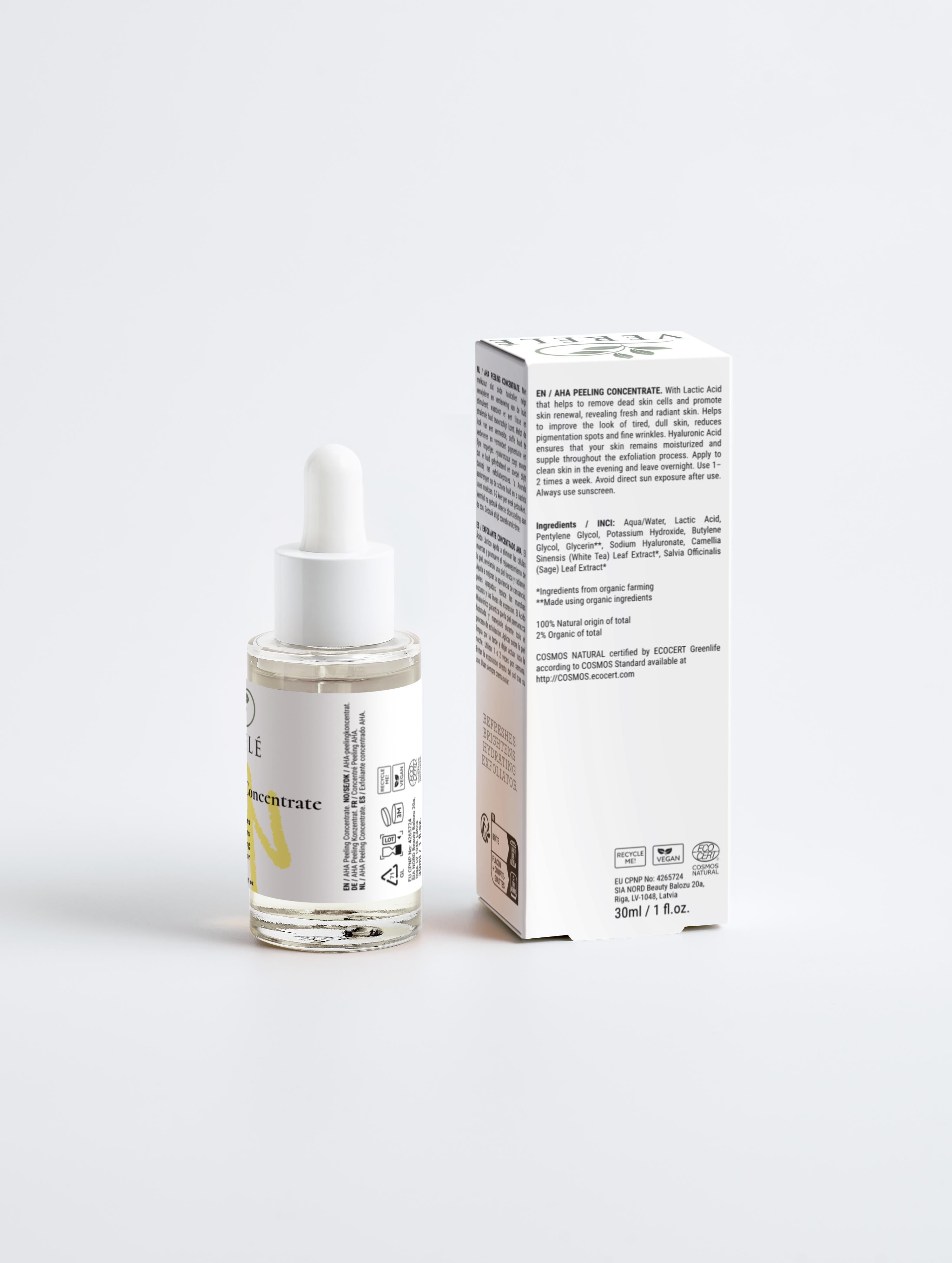 AHA Peeling Concentrate with 10% Lactic Acid & 1% Hyaluronic Acid – Exfoliates & Hydrates – COSMOS NATURAL Certified, Made in Europe by Verelé, 30 ml / 1.01 fl oz - Verele